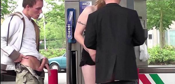  A very pregnant girl gas station public sex threesome